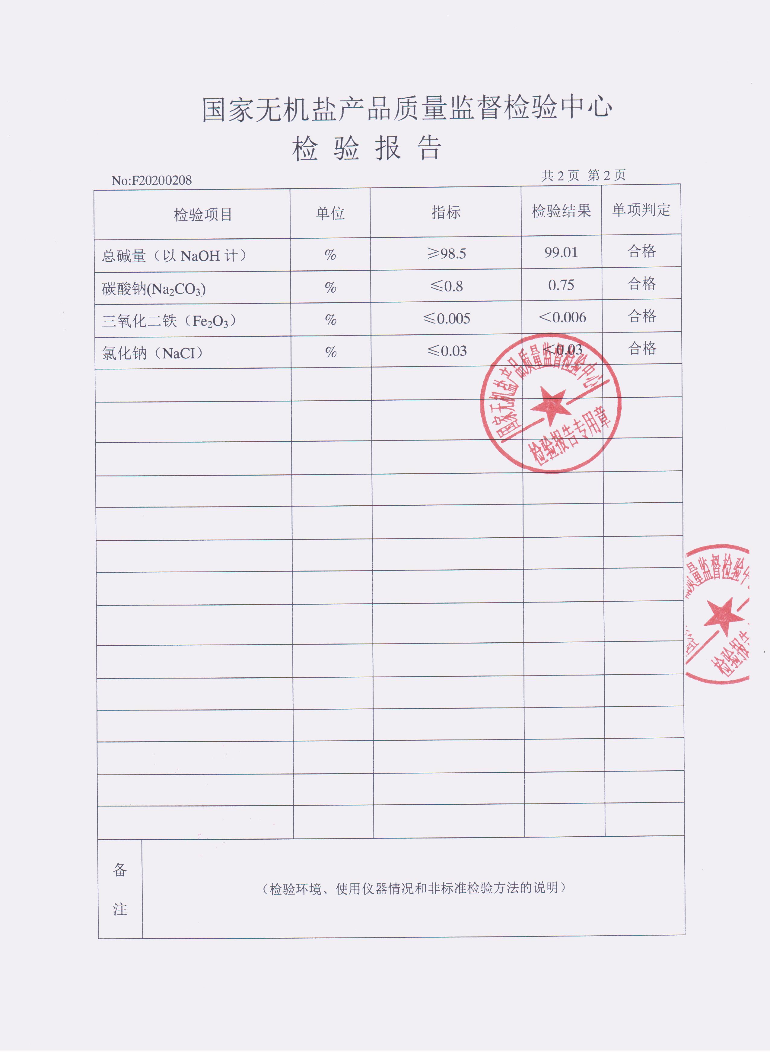 國家無機鹽機構認證第三方片堿檢測報告第二頁